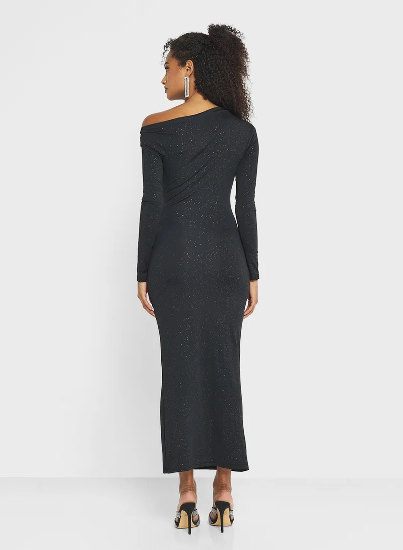 جينجر Assymetric Shoulder Draped Bodycon Dress
