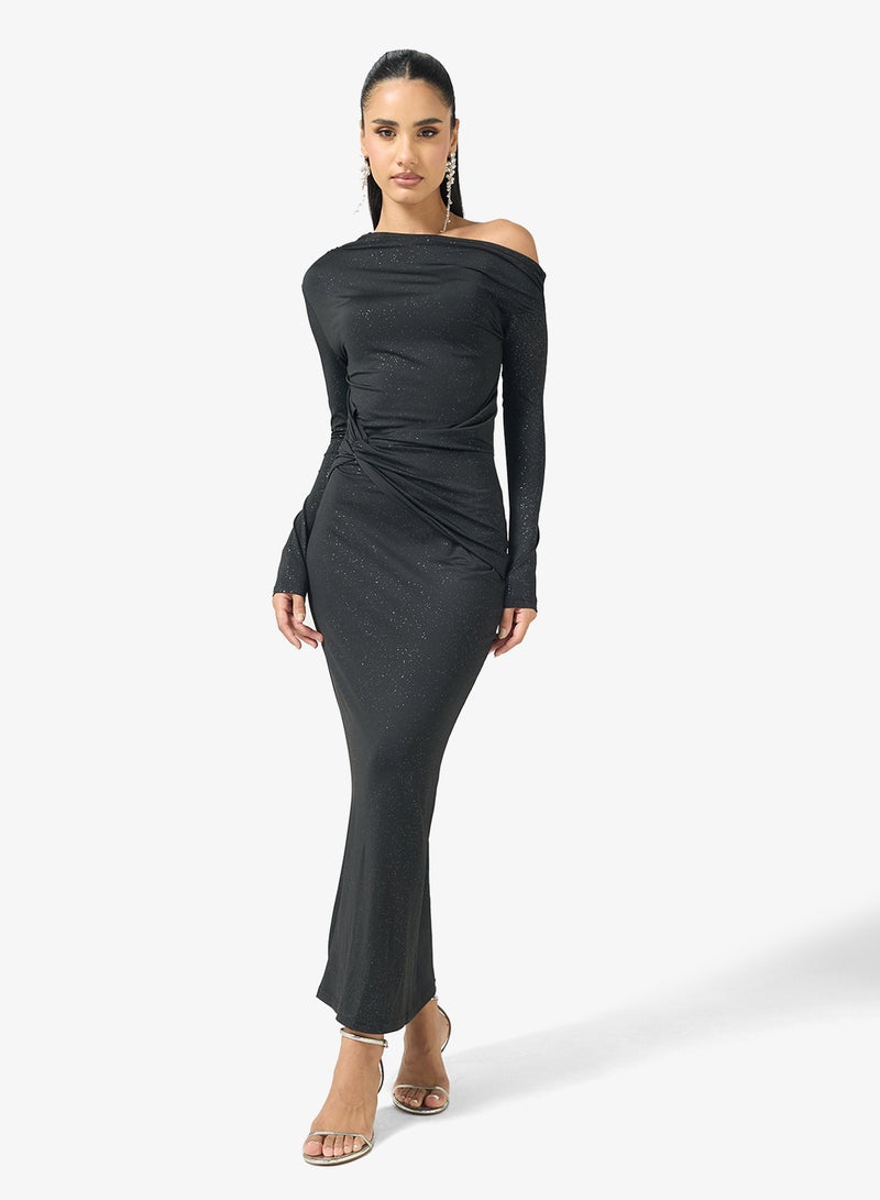 Ginger Assymetric Shoulder Draped Bodycon Dress - Image 1