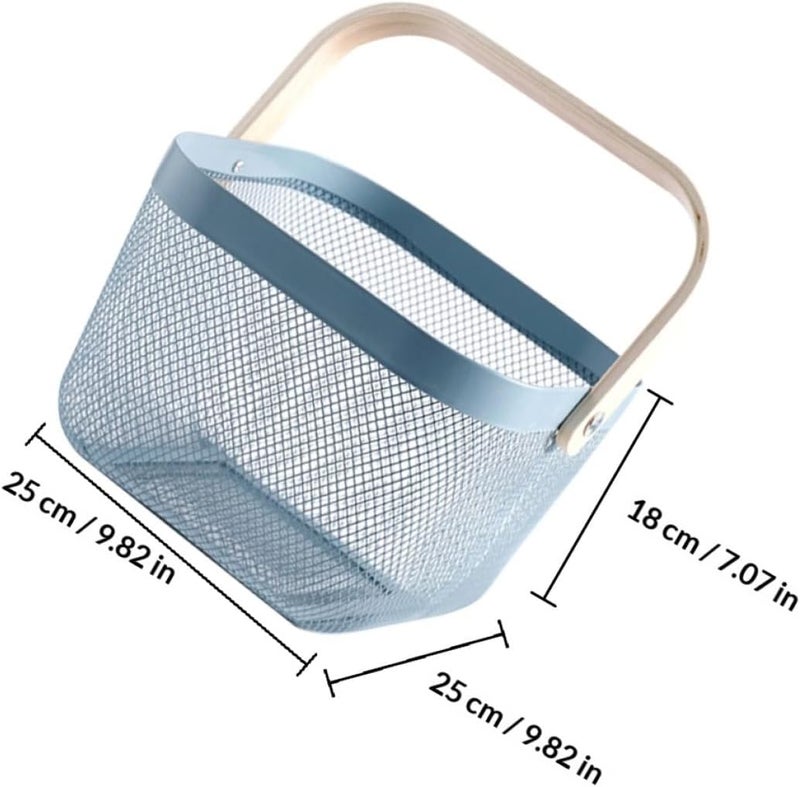 Blue Metal Mesh Basket with Wood Handle, Fruit and Vegetable Storage Organizer, Household Picnic Hand Carry Basket for Kitchen and Pantry, - Image 2