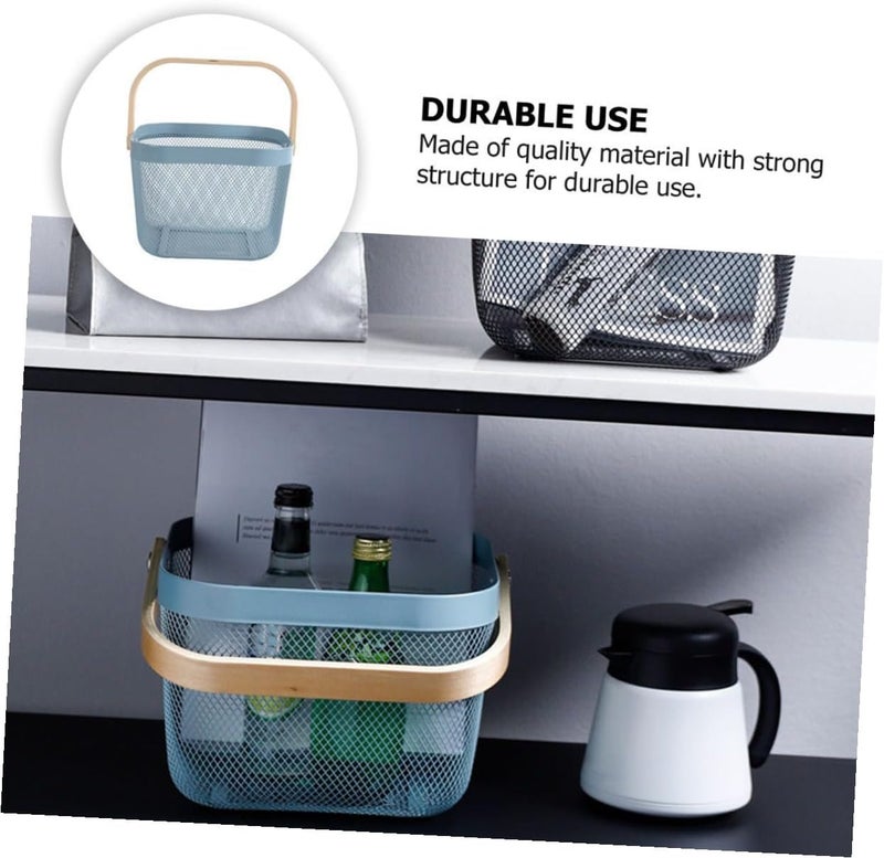 Blue Metal Mesh Basket with Wood Handle, Fruit and Vegetable Storage Organizer, Household Picnic Hand Carry Basket for Kitchen and Pantry, - Image 3