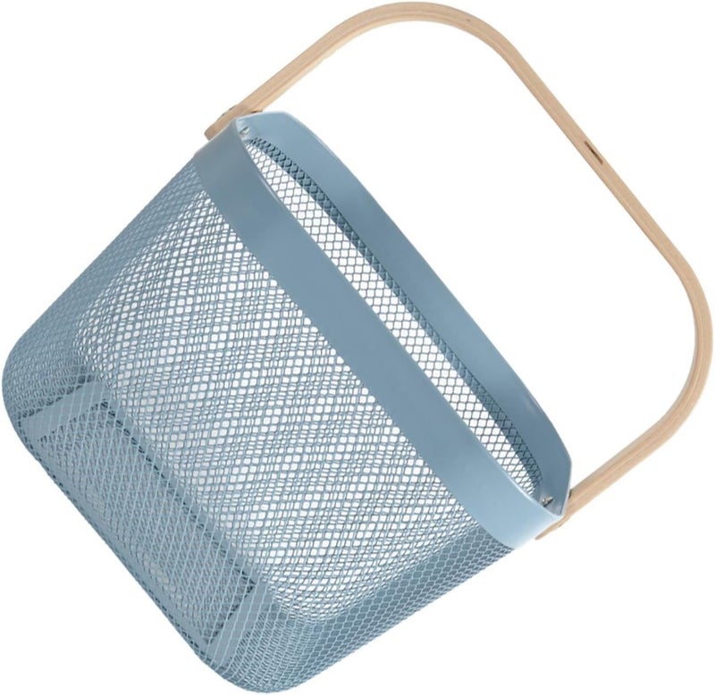 Blue Metal Mesh Basket with Wood Handle, Fruit and Vegetable Storage Organizer, Household Picnic Hand Carry Basket for Kitchen and Pantry, - Image 1