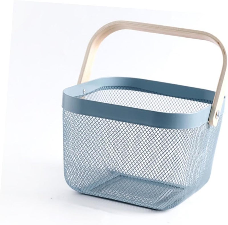 Blue Metal Mesh Basket with Wood Handle, Fruit and Vegetable Storage Organizer, Household Picnic Hand Carry Basket for Kitchen and Pantry, - Image 4