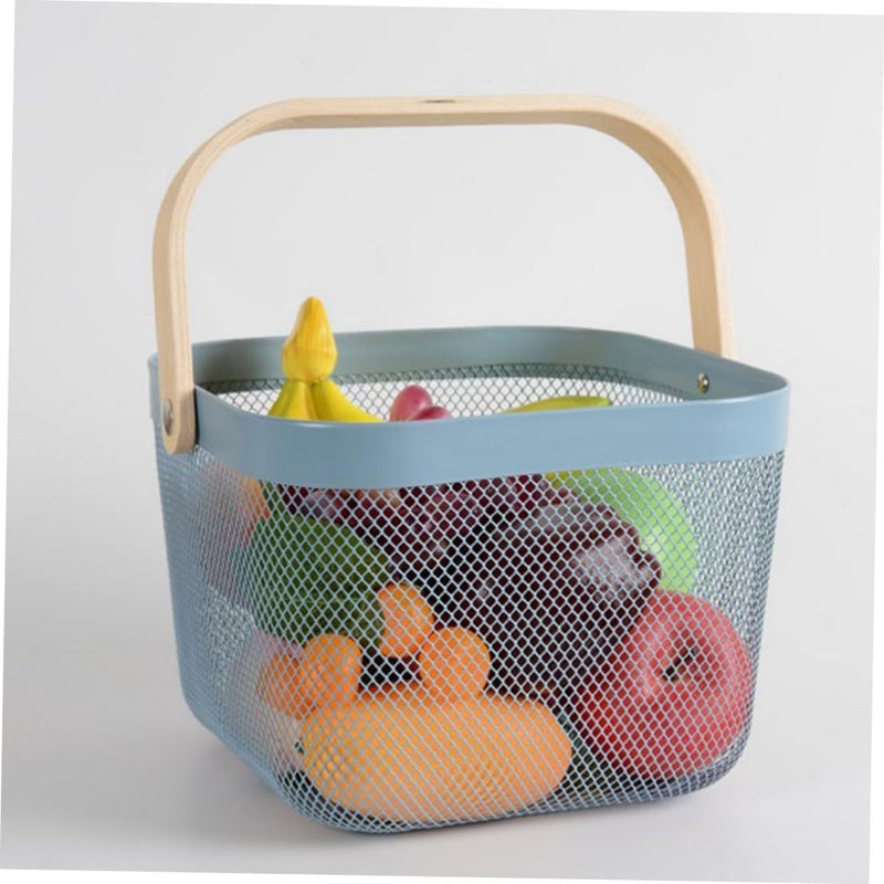 Blue Metal Mesh Basket with Wood Handle, Fruit and Vegetable Storage Organizer, Household Picnic Hand Carry Basket for Kitchen and Pantry, - Image 5