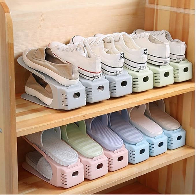 AVMPHD Plastic Shoe Slots Organizer Space Saver Double Deck Shoe Rack Adjustable Shoe Slots for Closet Organization Adjustable Shoe Slots Folding Slots Organizer for Sandals Multicolor Pack of 2 - Image 1