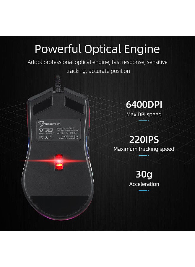 Motospeed V70 USB Wired Gaming Mouse RGB Mouse Ergonomic Design 8-gear Adjustable DPI Wide Compatibility Black  - Image 2