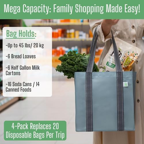 VENO 4 Pack Reusable Grocery Bags Shopping Bags, Medium Tote Bag w/Handle & Hard Bottom, Heavy Duty, Foldable Bag Carrier - Blue - Image 4