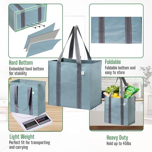 VENO 4 Pack Reusable Grocery Bags Shopping Bags, Medium Tote Bag w/Handle & Hard Bottom, Heavy Duty, Foldable Bag Carrier - Blue - Image 3