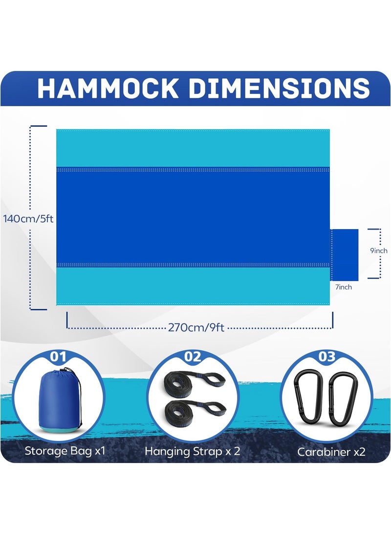 Flushrenic Camping Hammock Lightweight, portable parachute hammock with two tree straps. Single or double travel swing nylon camping hammock. Beach backpack hiking outdoor essential. Blue. - Image 2