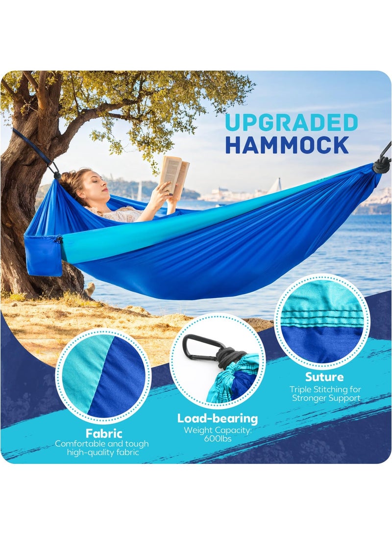 Flushrenic Camping Hammock Lightweight, portable parachute hammock with two tree straps. Single or double travel swing nylon camping hammock. Beach backpack hiking outdoor essential. Blue. - Image 3