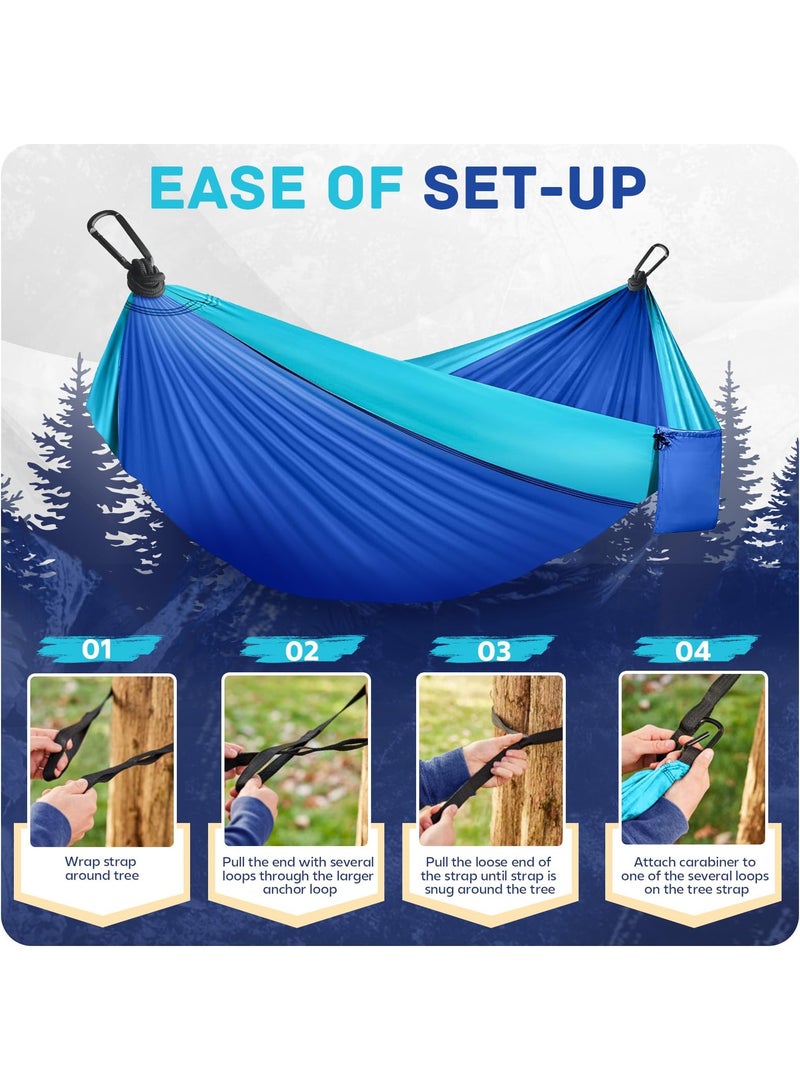 Flushrenic Camping Hammock Lightweight, portable parachute hammock with two tree straps. Single or double travel swing nylon camping hammock. Beach backpack hiking outdoor essential. Blue. - Image 4