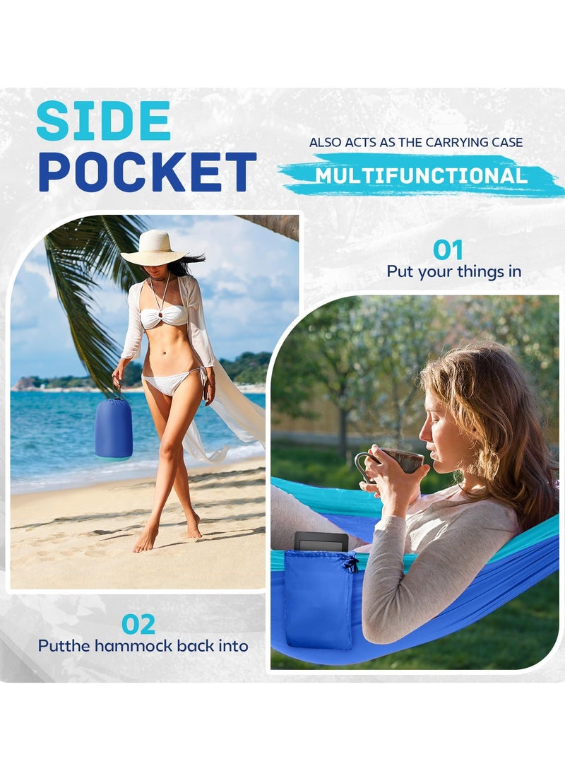 Flushrenic Camping Hammock Lightweight, portable parachute hammock with two tree straps. Single or double travel swing nylon camping hammock. Beach backpack hiking outdoor essential. Blue. - Image 5