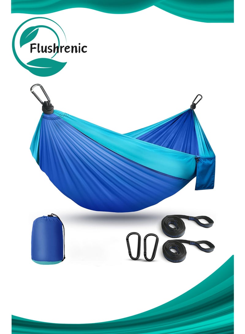 Flushrenic Camping Hammock Lightweight, portable parachute hammock with two tree straps. Single or double travel swing nylon camping hammock. Beach backpack hiking outdoor essential. Blue. - Image 1