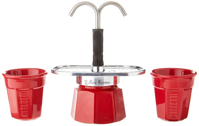 Bialetti - Mini Express Color: Moka Set includes Coffee Maker 2-Cup (2.8 Oz) + 2 shot glasses, Red, Aluminium - Image 3