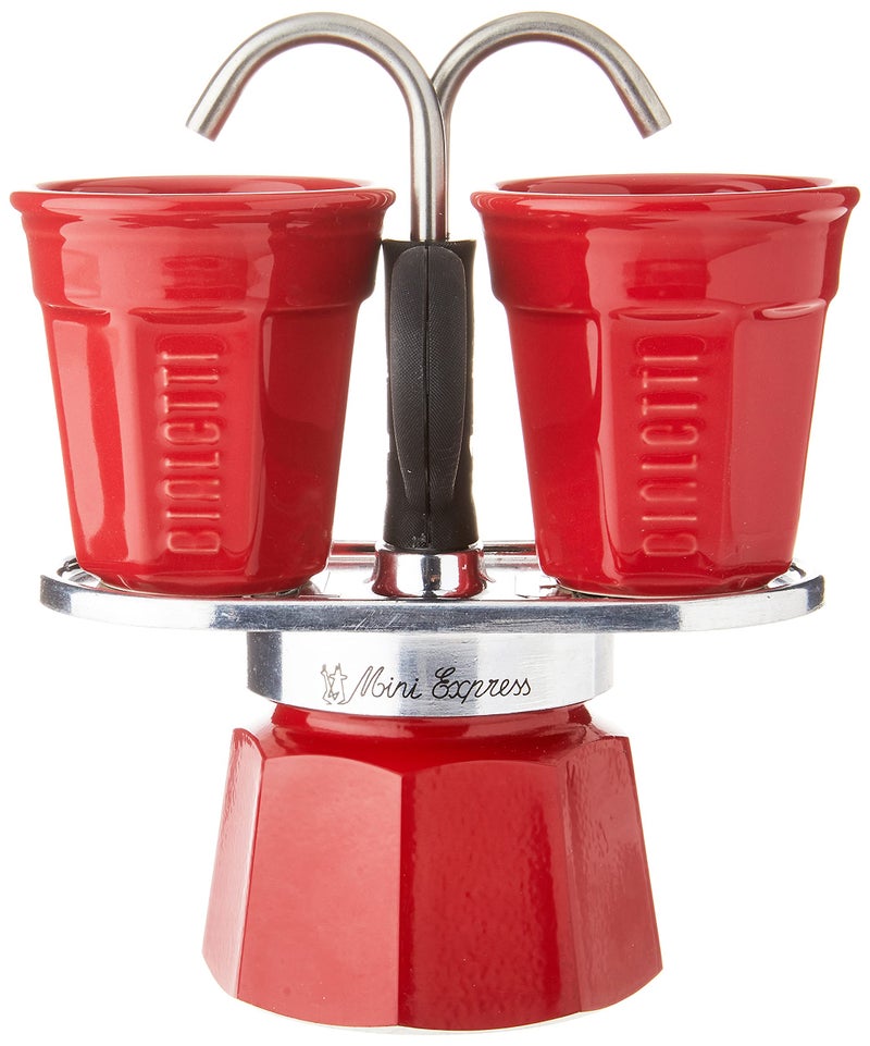Bialetti - Mini Express Color: Moka Set includes Coffee Maker 2-Cup (2.8 Oz) + 2 shot glasses, Red, Aluminium - Image 2