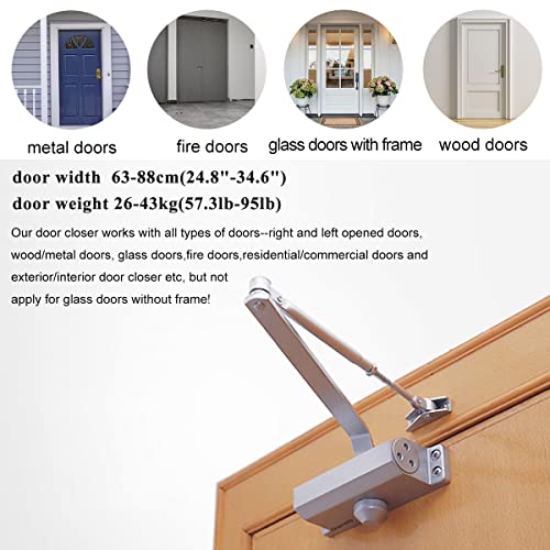 Onarway Quiet-Close Door Closer for Home: Hydraulic Automatic with Adjustable Speed for Residential Doors (57.3-95lbs) | Soft Close & Easy Install (Size 2) - Image 2