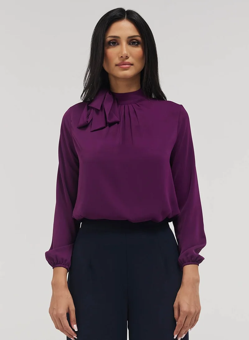Zigzag Neck Bow Attached Long Sleeve Top-Purple