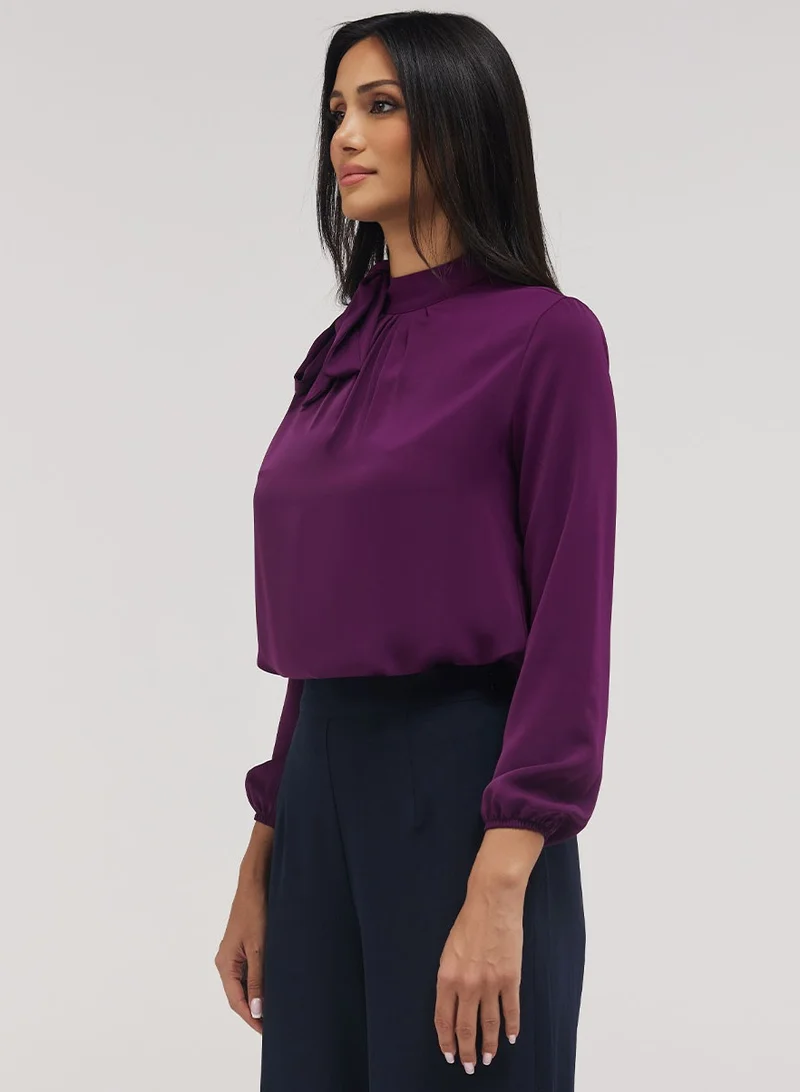 Zigzag Neck Bow Attached Long Sleeve Top-Purple
