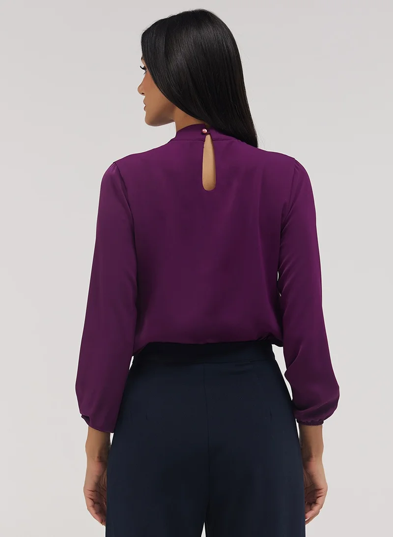 Zigzag Neck Bow Attached Long Sleeve Top-Purple