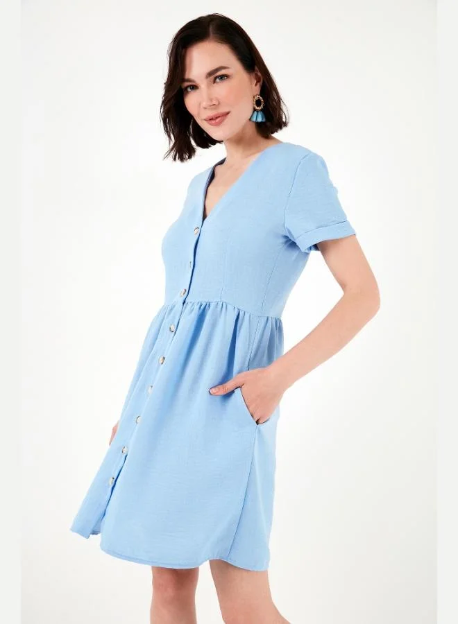 Lela Lela Pocket Front Buttoned Short Sleeve V-Neck Regular Fit Dress Women's DRESS 611EL222