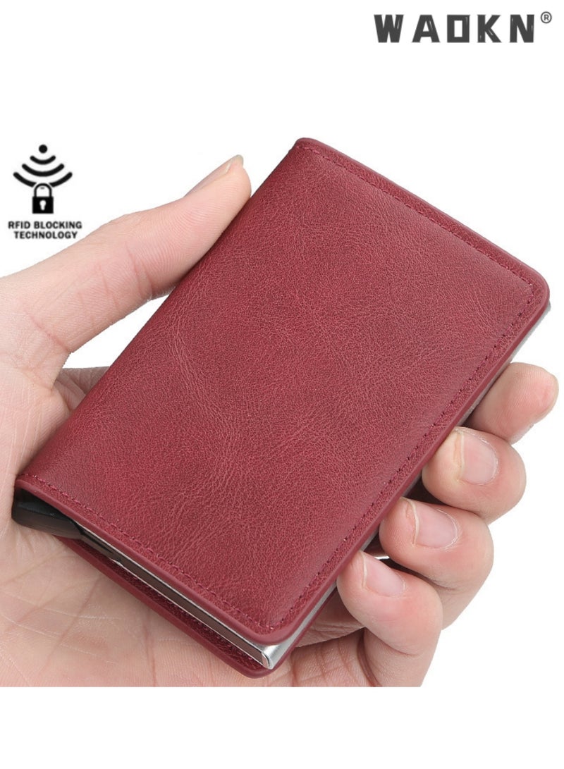 دبليو أيه أو كي أن محفظة حامل بطاقة جلدية للرجال والنساء مع الألومنيوم RFID حجب حامل بطاقة الائتمان المضادة للسرقة مع التلقائي المنبثقة حالة معدنية محفظة بطاقة العمل يحمل 7 بطاقات (أحمر)  - Image 5