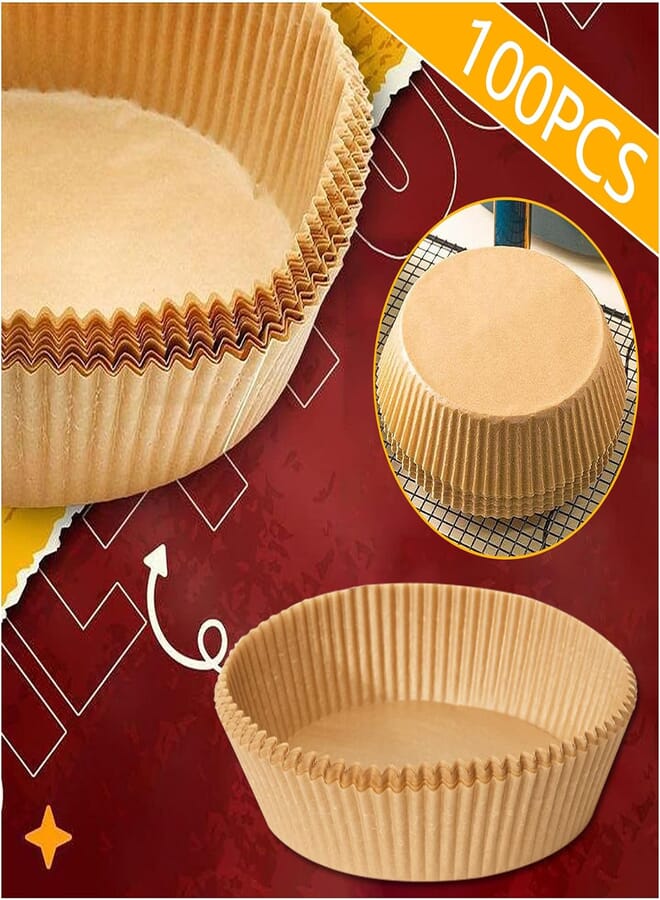 Air Fryer Disposable Paper Liner, Air Fryer Liners Round Parchment Paper Unperforated Non-Stick Paper for Roasting Microwave Kitchen Home Supplies (Brown/100PC/6.3in)