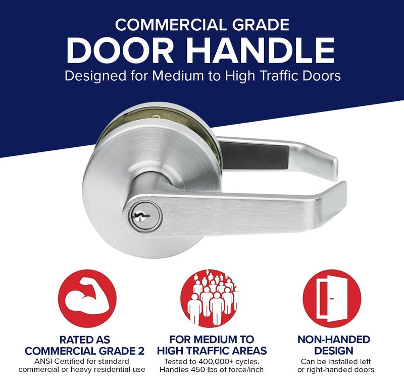 Lawrence Commercial Lever Door Lock - Heavy Duty Locking Commercial Door Handle Keyed Entry, Grade 2 Door Handle with Lock and Key - Brushed Chrome, Classroom Function Embassy Series - Image 2