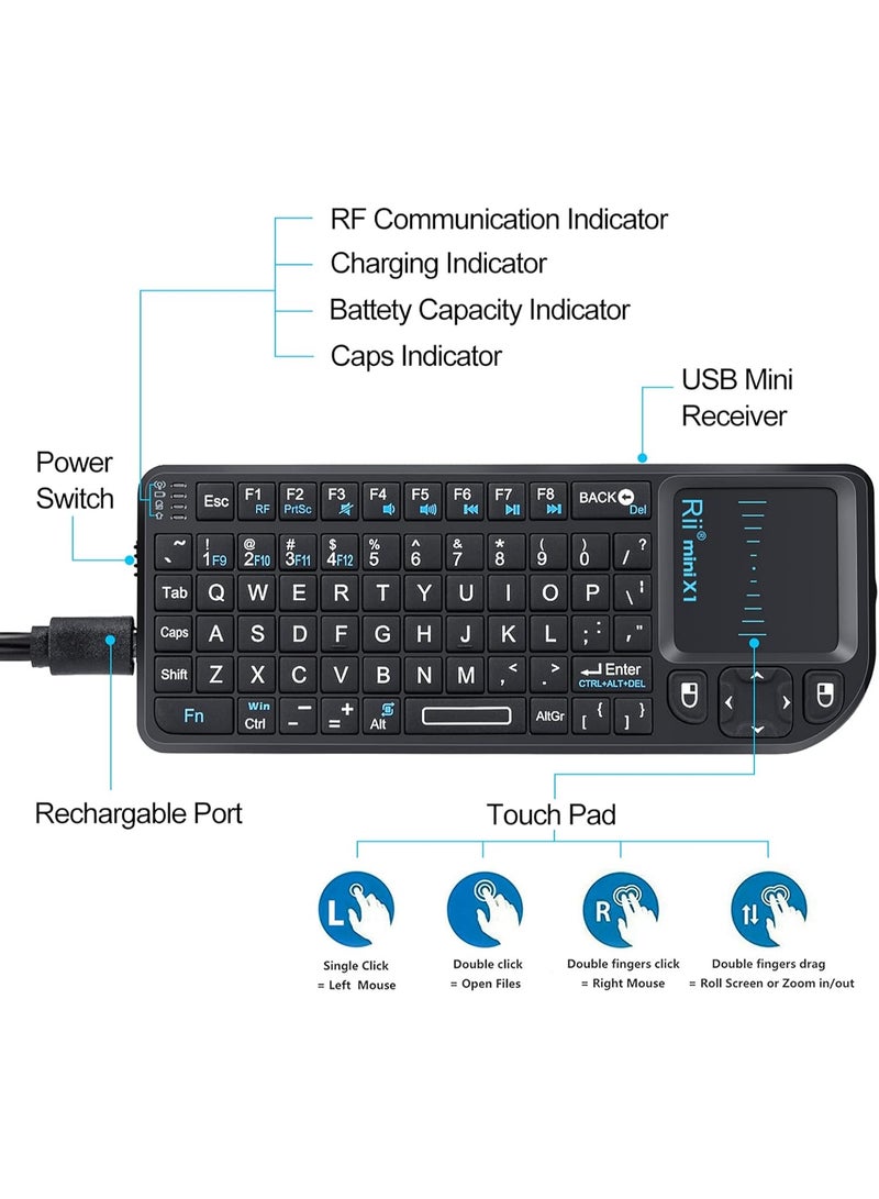 Rii 2.4G Mini Wireless Keyboard with Touchpad, Portable Lightweight Controller with USB Receiver, Remote for Windows/Mac/Android/PC/Tablet/TV/Xbox/PS3 – X1 Black - Image 2