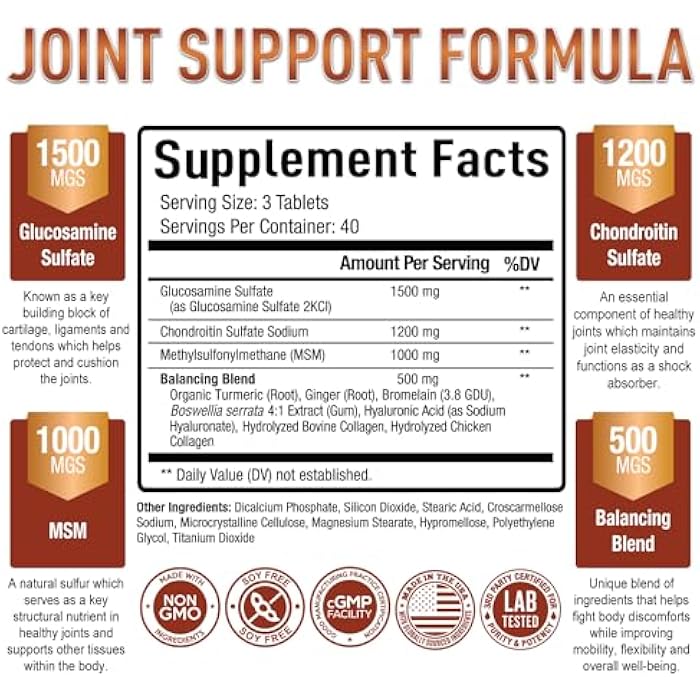 Purely Optimal Glucosamine Chondroitin MSM Supplement w/Turmeric & Boswellia - Glucosamine Sulfate Joint Supplement for Men & Women - 120 Tablets - Image 2