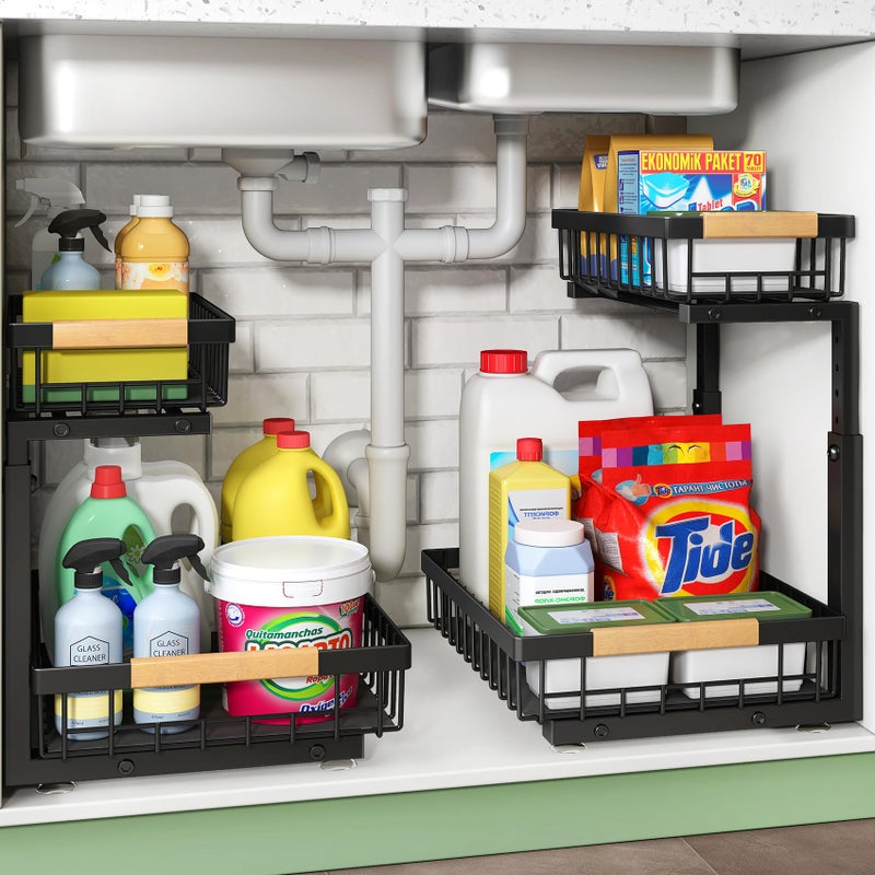 Kitstorack 2 Pack Under Sink Storage 2 Tier Metal Pull Out Kitchen Under Sink Organiser Kitchen Storage  Organisation Under Cupboard Storage for Bathroom Pantry Cabinet Organization Rack