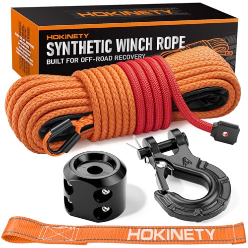 HOKINETY Synthetic Winch Rope Kit - 1/4" x 50' 10000 lbs Synthetic Winch Cable for ATV UTV Off-Road Vehicles with Forged Hook, Rubber Stopper, Protective Sleeve and Safety Pull Strap - Orange - Image 1