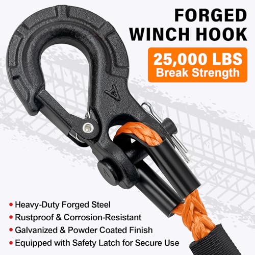 HOKINETY Synthetic Winch Rope Kit - 1/4" x 50' 10000 lbs Synthetic Winch Cable for ATV UTV Off-Road Vehicles with Forged Hook, Rubber Stopper, Protective Sleeve and Safety Pull Strap - Orange - Image 4