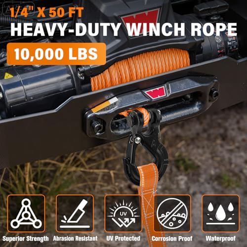 HOKINETY Synthetic Winch Rope Kit - 1/4" x 50' 10000 lbs Synthetic Winch Cable for ATV UTV Off-Road Vehicles with Forged Hook, Rubber Stopper, Protective Sleeve and Safety Pull Strap - Orange - Image 3