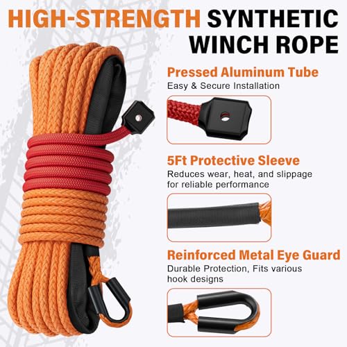 HOKINETY Synthetic Winch Rope Kit - 1/4" x 50' 10000 lbs Synthetic Winch Cable for ATV UTV Off-Road Vehicles with Forged Hook, Rubber Stopper, Protective Sleeve and Safety Pull Strap - Orange - Image 2