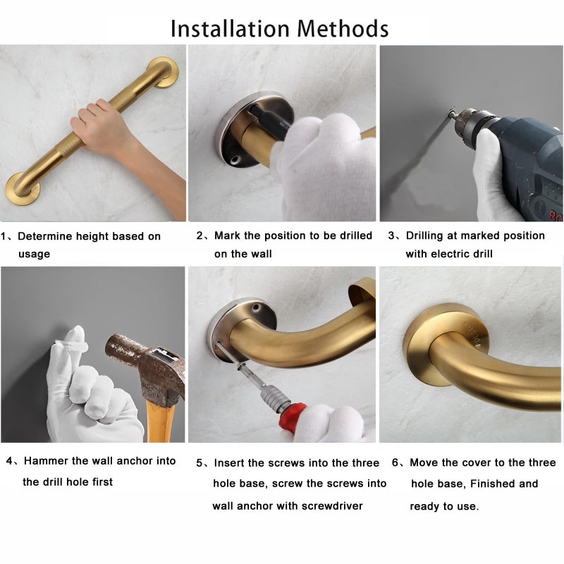 Rackickyer Shower Grab Bar, 2 Pack 16 Inch Gold Bathroom Grab Bar, 1.25" Diameter 304 Stainless Steel Anti-Slip Grab Bars for Bathtubs and Showers, Handicap Shower Grab Bar for Seniors Elderly - Image 5
