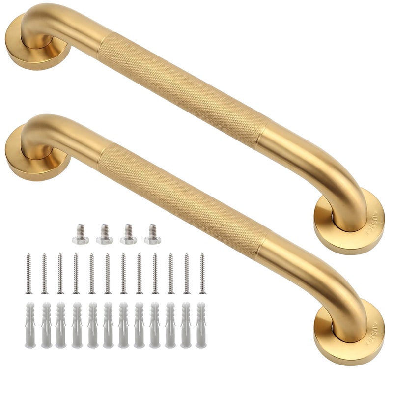 Rackickyer Shower Grab Bar, 2 Pack 16 Inch Gold Bathroom Grab Bar, 1.25" Diameter 304 Stainless Steel Anti-Slip Grab Bars for Bathtubs and Showers, Handicap Shower Grab Bar for Seniors Elderly - Image 1