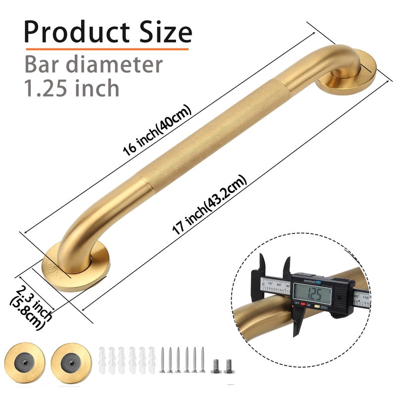 Rackickyer Shower Grab Bar, 2 Pack 16 Inch Gold Bathroom Grab Bar, 1.25" Diameter 304 Stainless Steel Anti-Slip Grab Bars for Bathtubs and Showers, Handicap Shower Grab Bar for Seniors Elderly - Image 2