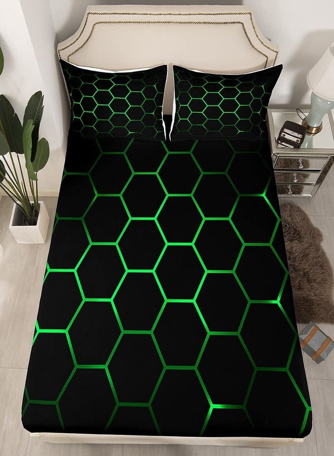 Feelyou Hexagonal Bedding Sheets 3D Geometric Honeycomb Bed Sheet Set for Kids Boys Girls Luxury Beehive Hexagon Bedding Fitted Sheet Neon Green Black Decor Bed Cover Bedroom Collection 2Pcs Twin Size - Image 1