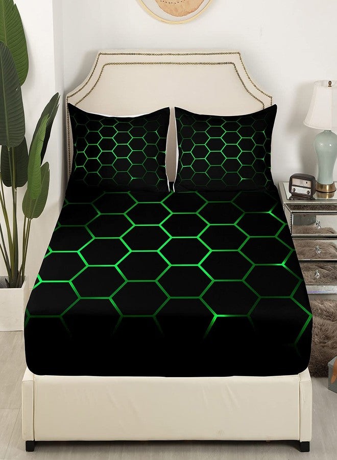 Feelyou Hexagonal Bedding Sheets 3D Geometric Honeycomb Bed Sheet Set for Kids Boys Girls Luxury Beehive Hexagon Bedding Fitted Sheet Neon Green Black Decor Bed Cover Bedroom Collection 2Pcs Twin Size - Image 3