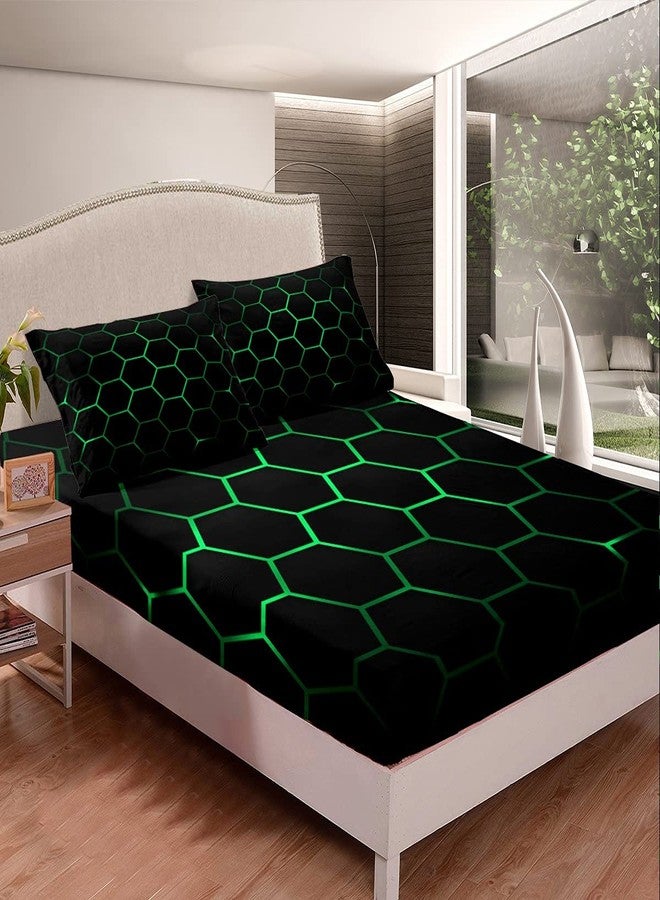 Feelyou Hexagonal Bedding Sheets 3D Geometric Honeycomb Bed Sheet Set for Kids Boys Girls Luxury Beehive Hexagon Bedding Fitted Sheet Neon Green Black Decor Bed Cover Bedroom Collection 2Pcs Twin Size - Image 2