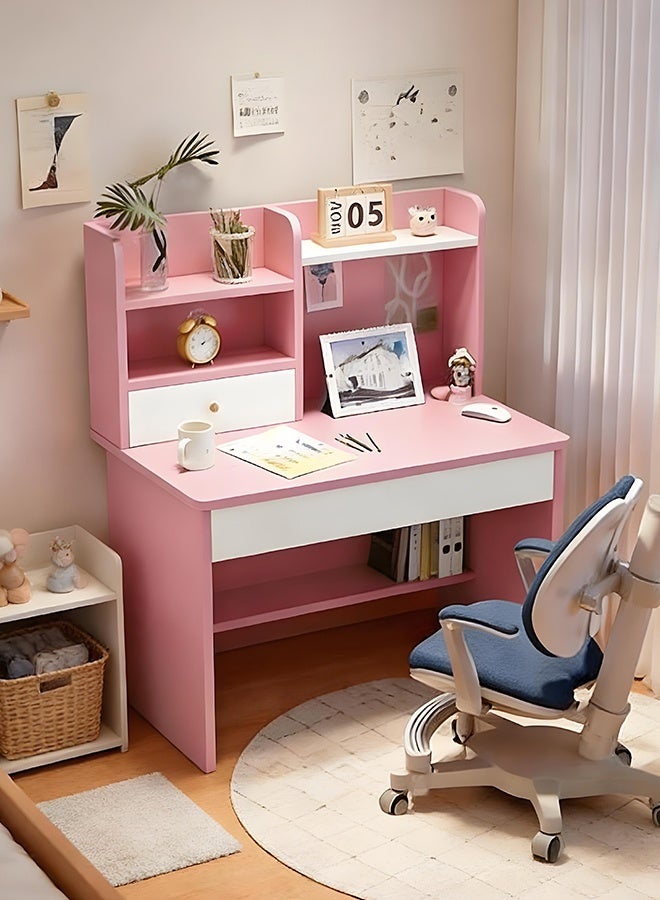 Kids Study Desk with Built-in Bookshelf, Drawer & Storage Shelves, Multipurpose Writing Desk, Children Learning Desk, Student Reading Table, Home Writing Table for Bedroom & Study Room (YN118-Pink) - Image 1