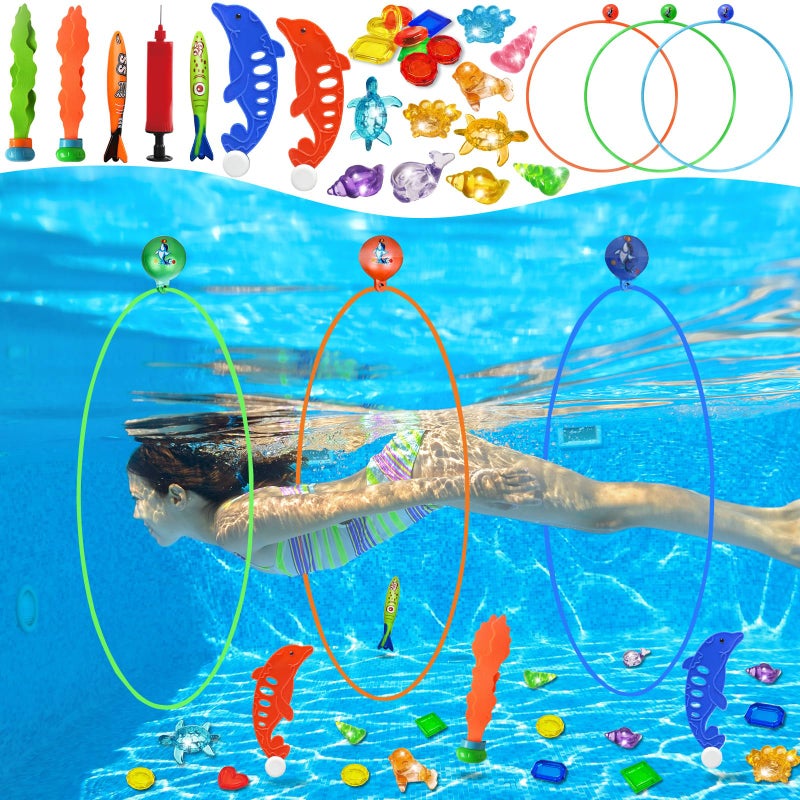 Jasonwell Pool Toys Diving Rings - 28PCS Swim Thru Rings Pool Game Diving Toys with Dive Ring Underwater Treasures Torpedo Bandits Fish Toy Fun Water Swimming Toy for Boys Girls Kids Teens Adults - Image 1