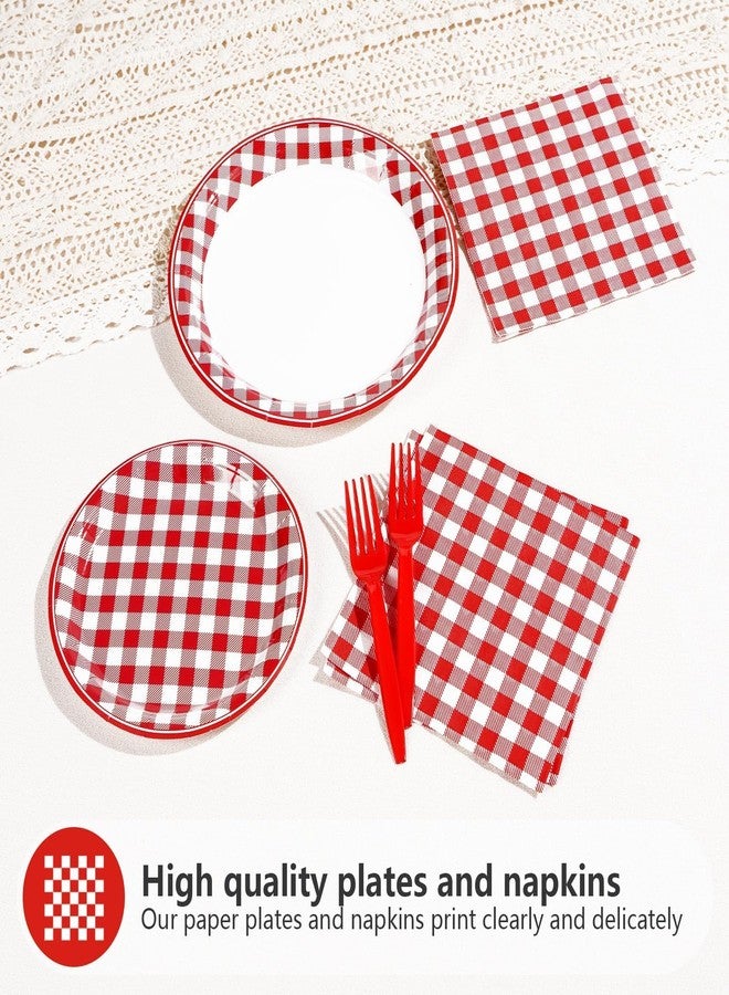 Grencian 200Pcs Red Gingham Party Supplies Red and White Checkered Buffalo Plaid Plates and Napkins Disposable Gingham Tableware Set for Summer Pizza BBQ Picnic Baby Shower Birthday Party Decorations Serves 50 - Image 3