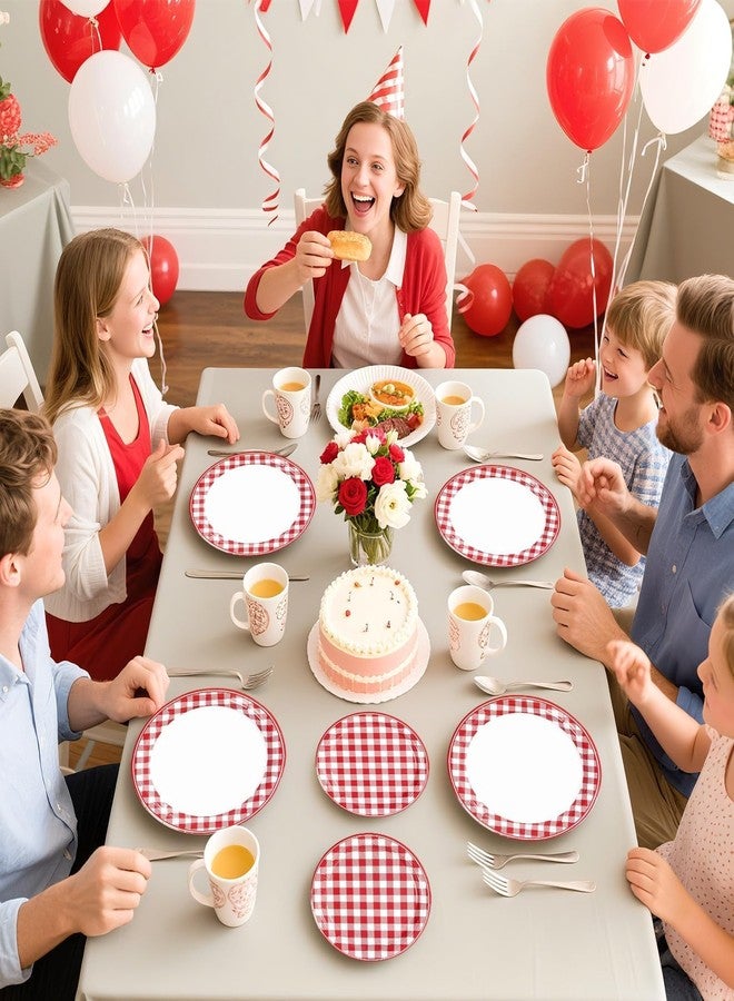 Grencian 200Pcs Red Gingham Party Supplies Red and White Checkered Buffalo Plaid Plates and Napkins Disposable Gingham Tableware Set for Summer Pizza BBQ Picnic Baby Shower Birthday Party Decorations Serves 50 - Image 4