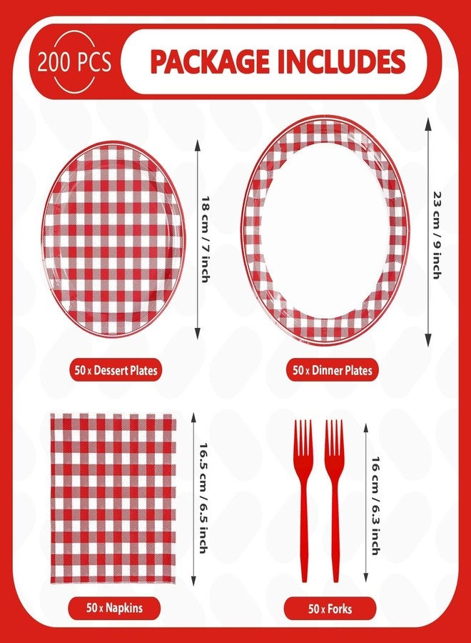 Grencian 200Pcs Red Gingham Party Supplies Red and White Checkered Buffalo Plaid Plates and Napkins Disposable Gingham Tableware Set for Summer Pizza BBQ Picnic Baby Shower Birthday Party Decorations Serves 50 - Image 2