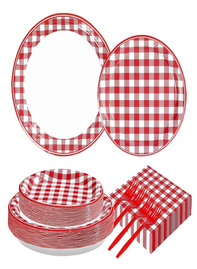 Grencian 200Pcs Red Gingham Party Supplies Red and White Checkered Buffalo Plaid Plates and Napkins Disposable Gingham Tableware Set for Summer Pizza BBQ Picnic Baby Shower Birthday Party Decorations Serves 50 - Image 1