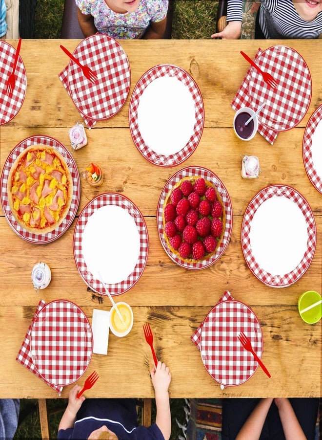 Grencian 200Pcs Red Gingham Party Supplies Red and White Checkered Buffalo Plaid Plates and Napkins Disposable Gingham Tableware Set for Summer Pizza BBQ Picnic Baby Shower Birthday Party Decorations Serves 50 - Image 5