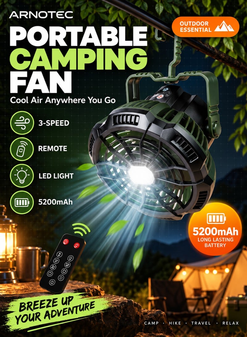 ARNO X10 مروحة محمولة للتخييم في الهواء الطلق وشحن USB وجهاز تحكم عن بعد مع ضوء LED (أخضر) - Image 1