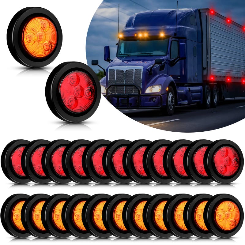 Macarrie 24 Pcs 2 Round LED Marker Lights Trailer Waterproof Side Marker Light 1224v with Rubber Grommets Pigtails for RV Trailer Truck Boat Amber and Red