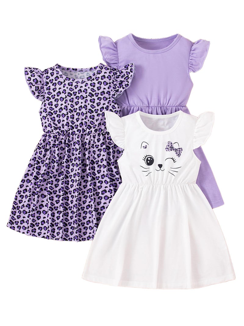 VARMILO Girls Dresses Little Kid Girls Dress 3-Pack Summer Casual Party Print Skater Dress Sundress Size 7 Years White/Purple - Image 1