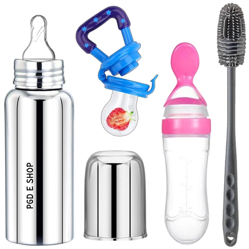 PGD Baby comprehensive feeding combo set Premium Steel Feeding Bottle, Silicone Baby Food Fruit Feeder Nibbler 10ml & Food Feeder Spoon 90ml with Long Handle Cleaning Brush (300ml Comprehensive Feeding Combo Set) - Image 1
